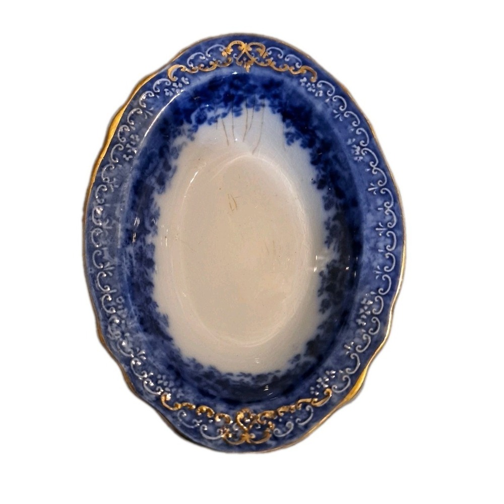 Vtg Ridgeways Flow Blue Oval Trinket Dish In Dundee Pattern Made In England
